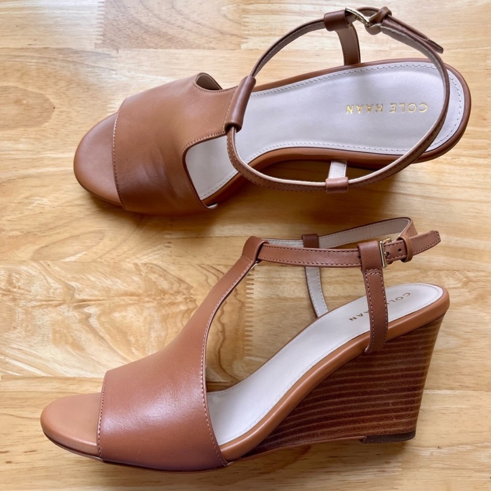 COLE HAAN Maddie Open Toe Wedge Sandals, Pecan Leather, Size 8